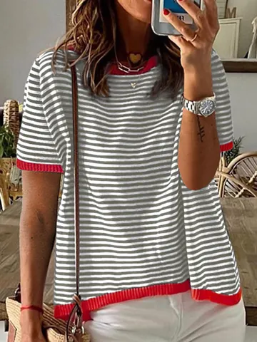 Women Casual Striped Contrast Color Knit Short Sleeve Top Round Neck Drop Shoulder Polyester Acrylic Knitwear Pullover Sweater