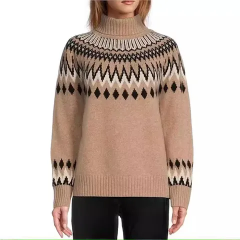 Women's Casual Mock Neck Long Sleeve Color Block Geometric Pattern Knit Pullover Sweater Slim Fit Winter Knitwear