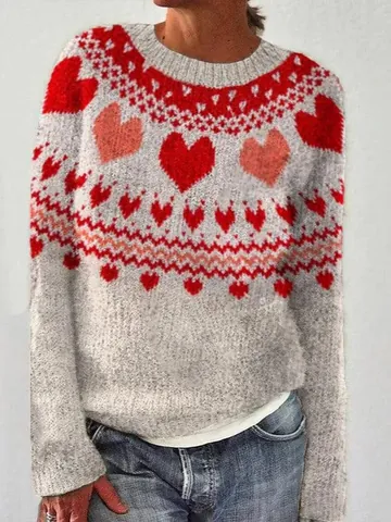 Women Casual Round Neck Long Sleeve Knit Sweater Loose Color Block Patchwork Geometric Pattern Pullover Knitwear Top
