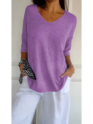 Women's Casual Polyester Knit Sweater V-Neck Three-Quarter Sleeve Solid Color Loose Fit Lightweight Pullover Top For Daily Commuting