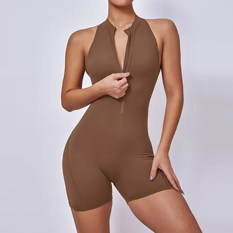 Women's Quick Dry Backless Yoga Jumpsuit Sexy Zipper Front Scrunch Butt Lifting Athletic Romper Sleeveless Gym Bodysuit Top And Bottom