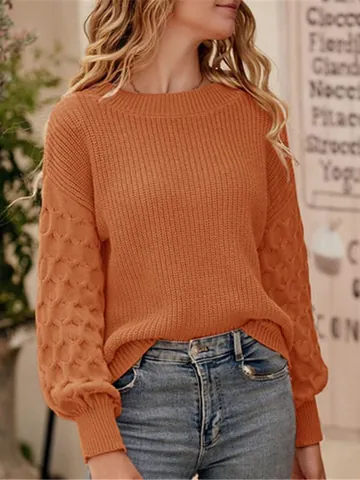 Women's Fashion Commute Solid Color Lantern Sleeve Knit Sweater Autumn Winter Round Neck Pullover Textured Long Sleeve Top