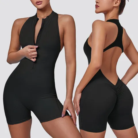 Women's Quick Dry Backless Yoga Jumpsuit Sexy Zipper Front Scrunch Butt Lifting Athletic Romper Sleeveless Gym Bodysuit Top And Bottom