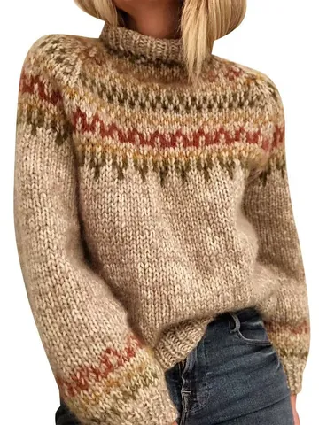 Women Retro Fair Isle Geometric Knitted Sweater Elegant High Neck Pullover Long Sleeve Oversized Warm Casual Winter Knitwear Top
