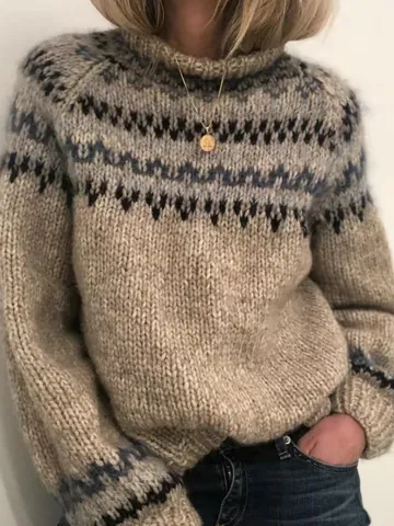 Women Retro Fair Isle Geometric Knitted Sweater Elegant High Neck Pullover Long Sleeve Oversized Warm Casual Winter Knitwear Top