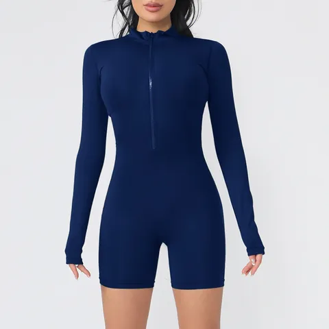 Body Sexy da Donna con Mezza Zip a Manica Lunga Aderente Spazzolato Romper Pezzo Unico Top And Bottom Jumpsuit per Yoga Fitness