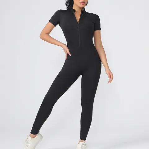 Tuta da Yoga da Donna Casual Manica Corta con Cerniera Anteriore Aderente Alta Elasticità Sensatione Nuda Fitness Sport Bodysuit Pezzo Unico