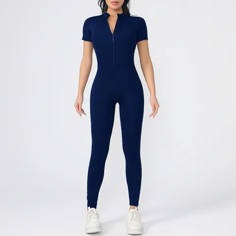 Tuta da Yoga da Donna Casual Manica Corta con Cerniera Anteriore Aderente Alta Elasticità Sensatione Nuda Fitness Sport Bodysuit Pezzo Unico