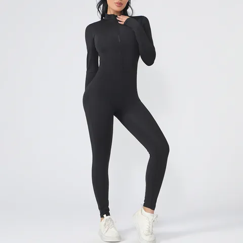Women Slim Fit Long Sleeve One Piece Yoga Jumpsuit Front Zipper Thumb Hole Athletic Bodysuit Sporty Workout Romper Sportswear