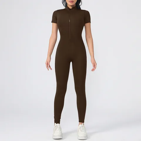 Tuta da Yoga Donna Pezzo Unico Manica Corta Cerniera Slim Fit Abbigliamento Sportivo Sexy Bodysuit Alta Elasticità