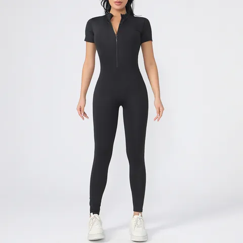 Women Printed Yoga Bodysuit High Elastic Slimming Zipper Short Sleeve Jumpsuit Solid Sport Running Fitness Top And Bottom