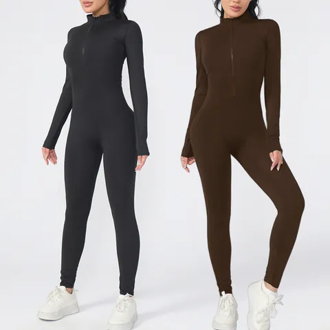 Women Slim Fit Long Sleeve One Piece Yoga Jumpsuit Front Zipper Thumb Hole Athletic Bodysuit Sporty Workout Romper Sportswear