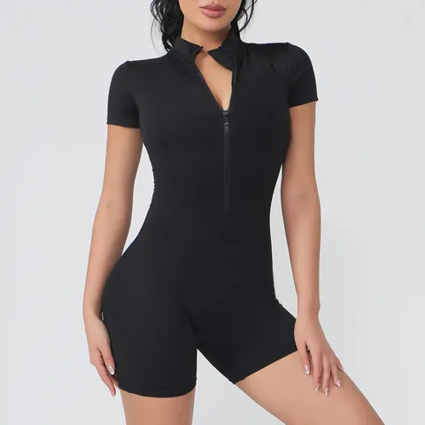 Women Short Sleeve Yoga Romper Front Zipper Naked Feel High Strength Fitness Jumpsuit Polyester Spandex Sport Bodysuit