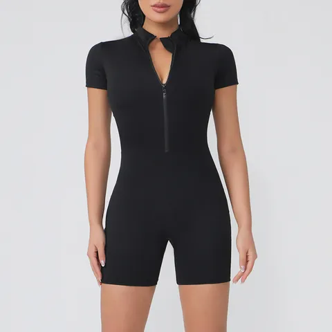 Women Naked Feeling Sport Bodysuit Short Sleeve Zipper Front Athletic Jumpsuit One Piece Yoga Romper Top And Bottom For Gym