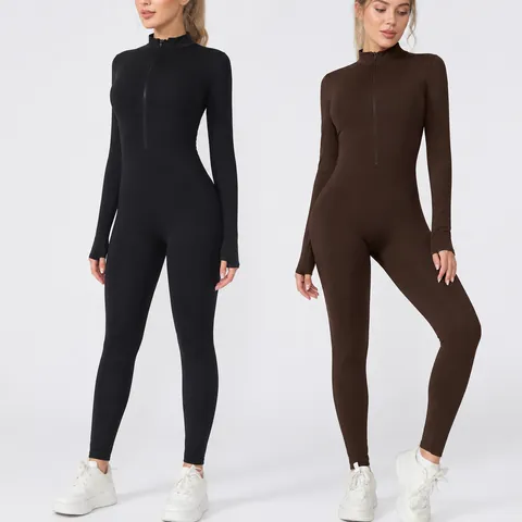 Women Fleece Lined Thermal Yoga Jumpsuit Long Sleeve Sporty Bodysuit Half Zipper Fitness Running Romper Top And Bottom