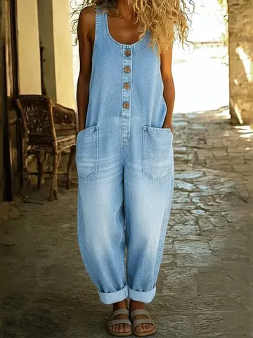 Women Vintage Sleeveless Denim-Look Jumpsuit Wide Leg Button Front Overalls With Pockets Casual Polyester One-Piece Romper