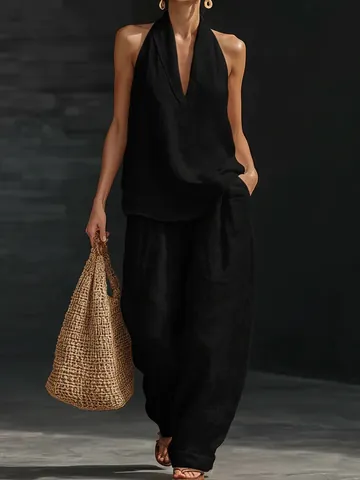 French Style Halter V-Neck Backless Top And Wide-Leg Pants Woven Summer Outfit For Women Elegant Casual Solid Color Apparel
