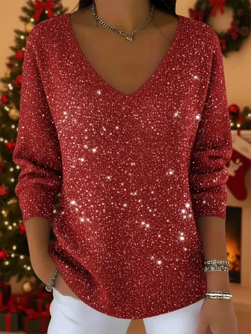 Women V Neck Long Sleeve T-Shirt Polyester Sequin Glitter Sparkling Top Casual Christmas Party Clothing Top