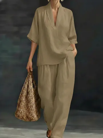Women V Neck Short Sleeve Top And Bottom Set Solid Color Wide Leg Pants Polyester Two Piece Casual Summer Suit
