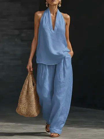 French Style Halter V-Neck Backless Top And Wide-Leg Pants Woven Summer Outfit For Women Elegant Casual Solid Color Apparel