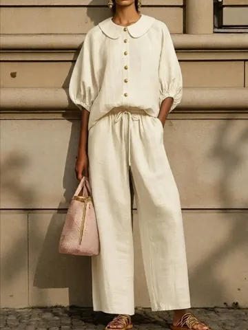 Women's Casual Polyester Spandex Top And Bottom Set Peter Pan Collar Lantern Sleeve Shirt Drawstring Wide Leg Pants Clothing
