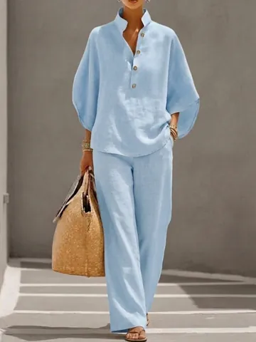 Women Casual Solid Color Top And Bottom V Neck Drop Shoulder Blouse And Straight Leg Pants Commuter Lounge Wear