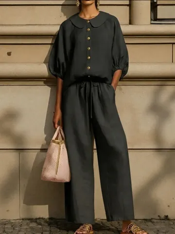 Women's Casual Polyester Spandex Top And Bottom Set Peter Pan Collar Lantern Sleeve Shirt Drawstring Wide Leg Pants Clothing