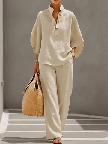 Women Casual Solid Color Top And Bottom V Neck Drop Shoulder Blouse And Straight Leg Pants Commuter Lounge Wear