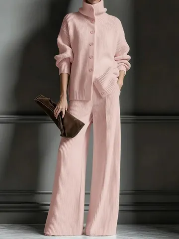 Women High Collar Ribbed Knit Top And Wide Leg Pants Elegant Button Cardigan Long Sleeve Autumn Winter Lounge Wear