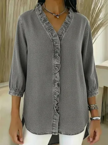 Women Casual Faux Denim Blouse Ruffle V-Neck 3/4 Sleeve Top Solid Color Polyester Shirt Casual Fashion Blouse For Ladies