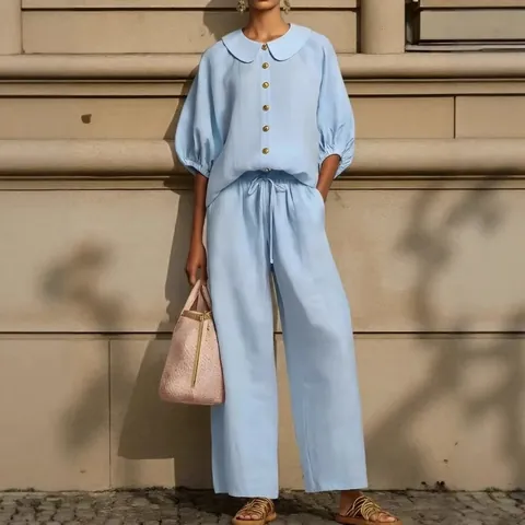 Women Fashion Lantern Sleeve Shirt And Drawstring Wide Leg Pants Top And Bottom Casual Summer Woven Polyester Co-ords Set