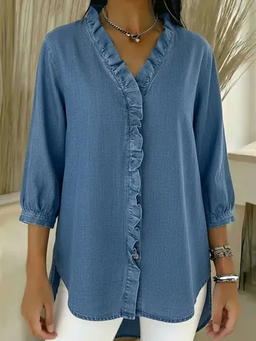 Women Casual Faux Denim V-Neck Ruffle Shirt Solid Color 3/4 Sleeve Top Loose Pullover Blouse For Daily Wear