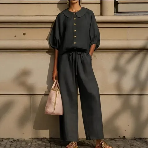 Women Fashion Lantern Sleeve Shirt And Drawstring Wide Leg Pants Top And Bottom Casual Summer Woven Polyester Co-ords Set