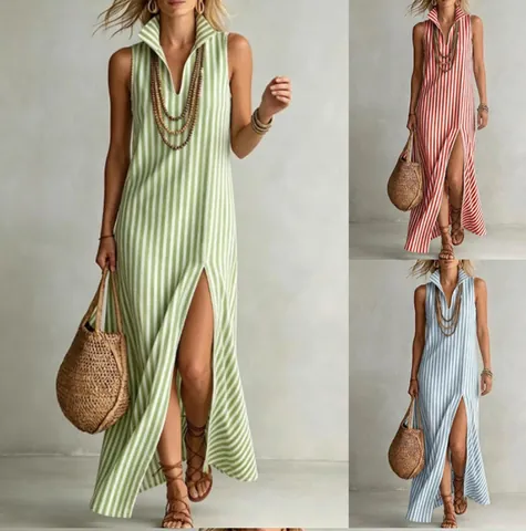 Women Striped Maxi Dress V Neck Sleeveless Slit Summer Linen Cotton Blend Casual Beach Sun Dress Straight Vest Long Dress