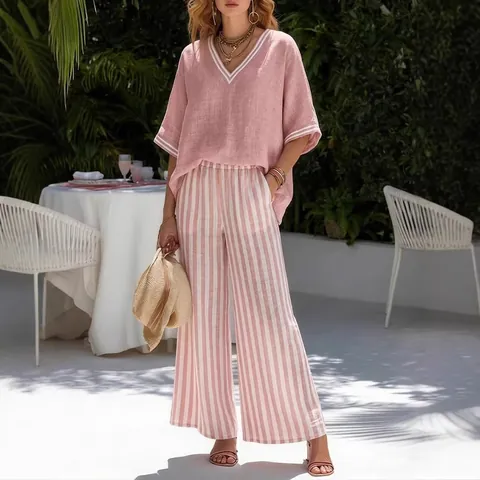 Damen Casual Locker V Ausschnitt Kurzarm Top Und Gestreifte Weite Hose Passendes Outfit Sommer Urlaub Set Polyester Elasthan Kleidung