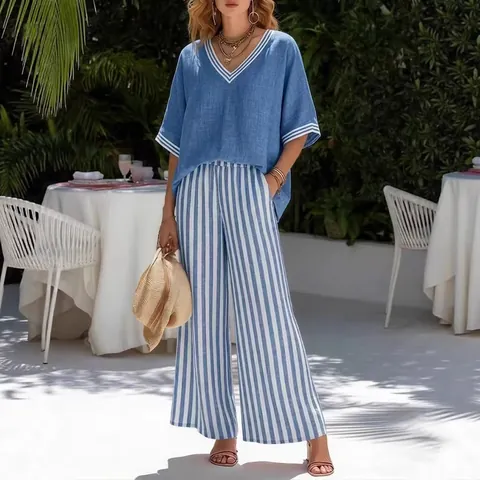 Damen Casual Locker V Ausschnitt Kurzarm Top Und Gestreifte Weite Hose Passendes Outfit Sommer Urlaub Set Polyester Elasthan Kleidung