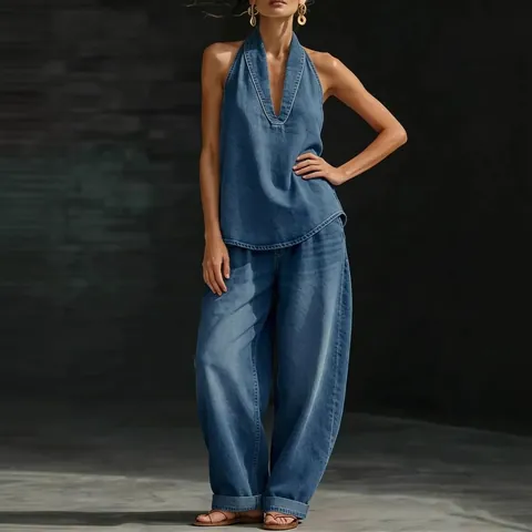 Conjunto de Dos Piezas de Denim Vintage para Mujer Top con Cuello en V y Pantalones de Pierna Ancha Estilo Occidental