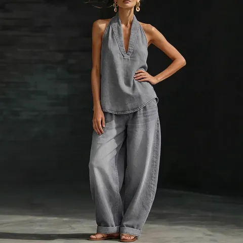 Conjunto de Dos Piezas de Denim Vintage para Mujer Top con Cuello en V y Pantalones de Pierna Ancha Estilo Occidental
