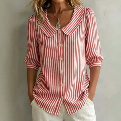 Women Elegant Cotton Linen Striped Blouse Peter Pan Collar Short Bubble Sleeve Loose Summer Commuting Fashion Shirt Top