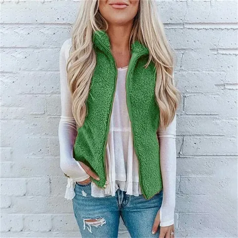 Women Plush Vest Stand Collar Zipper Camel Hair Polyester Fleece Waistcoat With Pockets Casual Warm Sleeveless Jacket Top