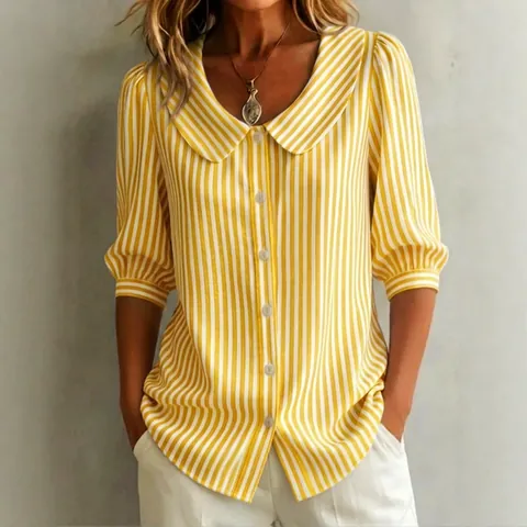 Women Elegant Cotton Linen Striped Blouse Peter Pan Collar Short Bubble Sleeve Loose Summer Commuting Fashion Shirt Top