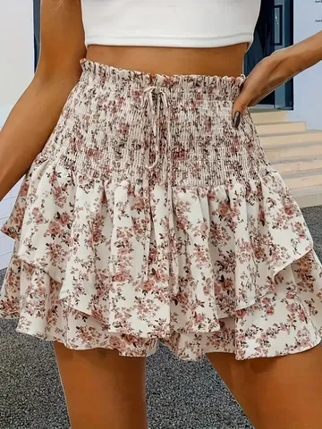 Women Floral Printed Skorts High Waisted Smocked Ruffle Hem Layered Shorts Casual Loose Wide Leg Beach Vacation Summer Skirt Pants