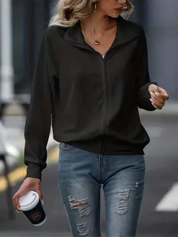Chaqueta de Punto Acanalado Casual para Mujer Color Sólido Manga Larga Cárdigan Suelto con Cremallera Suéter Ropa de Abrigo para Otoño Invierno