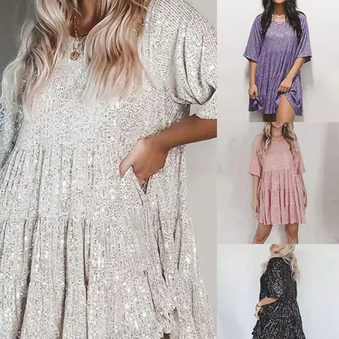 Damen Mode Pailletten Kleid Sommer Rundhals Locker Kurzarm A-Linien Mini Kleid Glänzend Bankett Party Abendkleider Für Damen