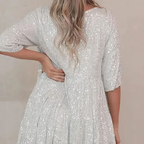 Damen Mode Pailletten Kleid Sommer Rundhals Locker Kurzarm A-Linien Mini Kleid Glänzend Bankett Party Abendkleider Für Damen