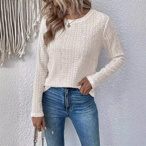 Women's Casual Polyester Hollow Out Eyelet Lace T-Shirt Solid Color Round Neck Splicing Top Summer Long Short Sleeve Shirt
