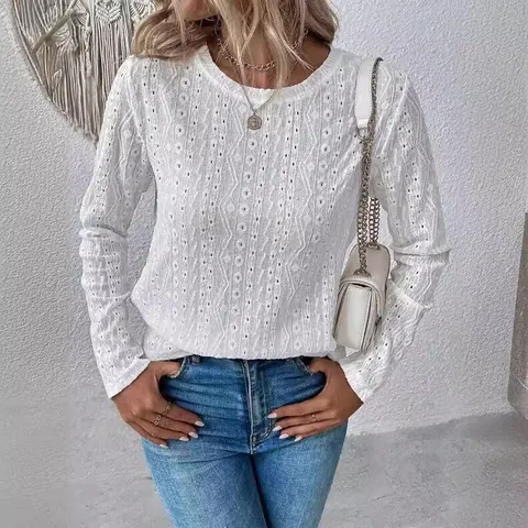 Women's Casual Polyester Hollow Out Eyelet Lace T-Shirt Solid Color Round Neck Splicing Top Summer Long Short Sleeve Shirt