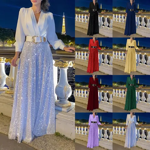 Ensemble Assorti pour Femmes avec Haut à Manches Longues en V et Pantalon Large à Paillettes Combinaison Élégante de Soirée