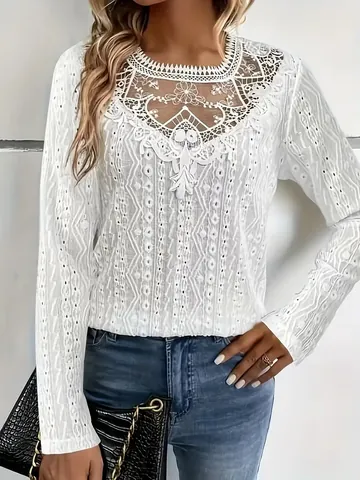 Damen Elegantes Spitzen-Patchwork Hohl Langarm T-Shirt Einfarbig Rundhalsausschnitt Locker Pullover Top Mode Kleidung