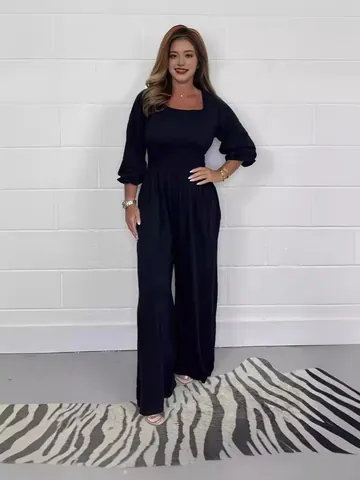 Women Summer Casual Square Neck Smocked Jumpsuit Puff Sleeve Wide Leg Long Overall Elegant Solid Color Fashion Romper